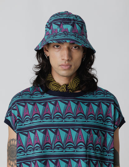 25SS-GOH-004 / BUCKET HAT “PRIMITIVE BORDER” / BLUE GREEN
