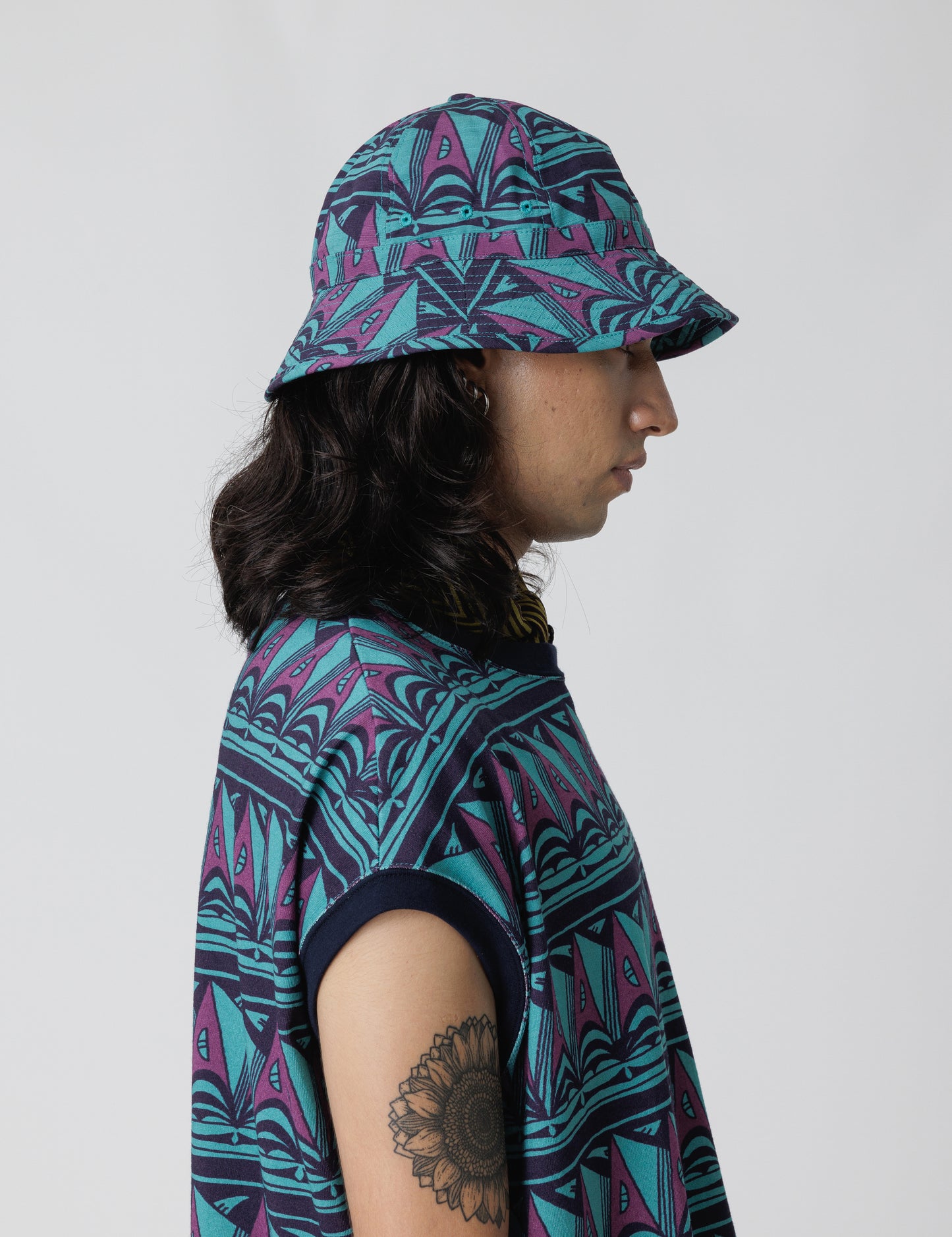 25SS-GOH-004 / BUCKET HAT “PRIMITIVE BORDER” / BLUE GREEN