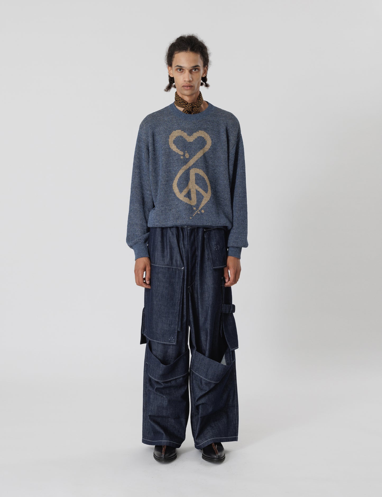 24SS-KNN-004 / CALLIGRAPHIC "LOVE & PEACE” KNIT / INDIGO BLUE