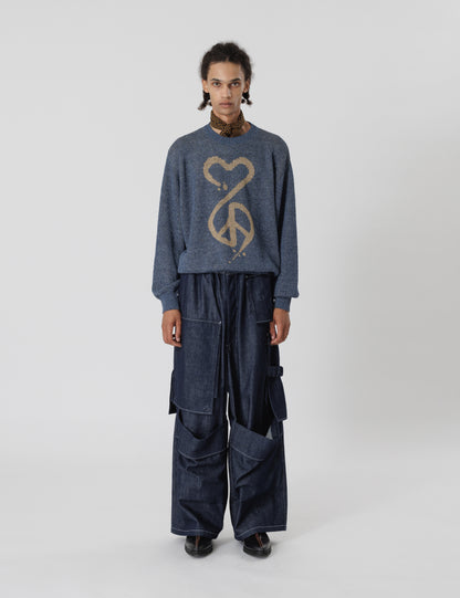 24SS-KNN-004 / CALLIGRAPHIC "LOVE & PEACE” KNIT / INDIGO BLUE